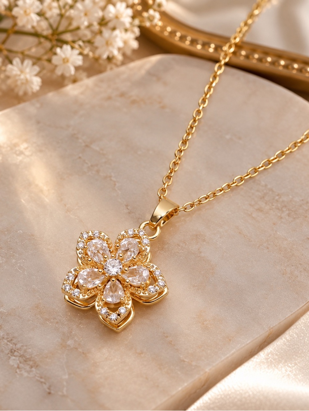 Gold Floral Crystal Pendant Necklace - Picture 5 of 5
